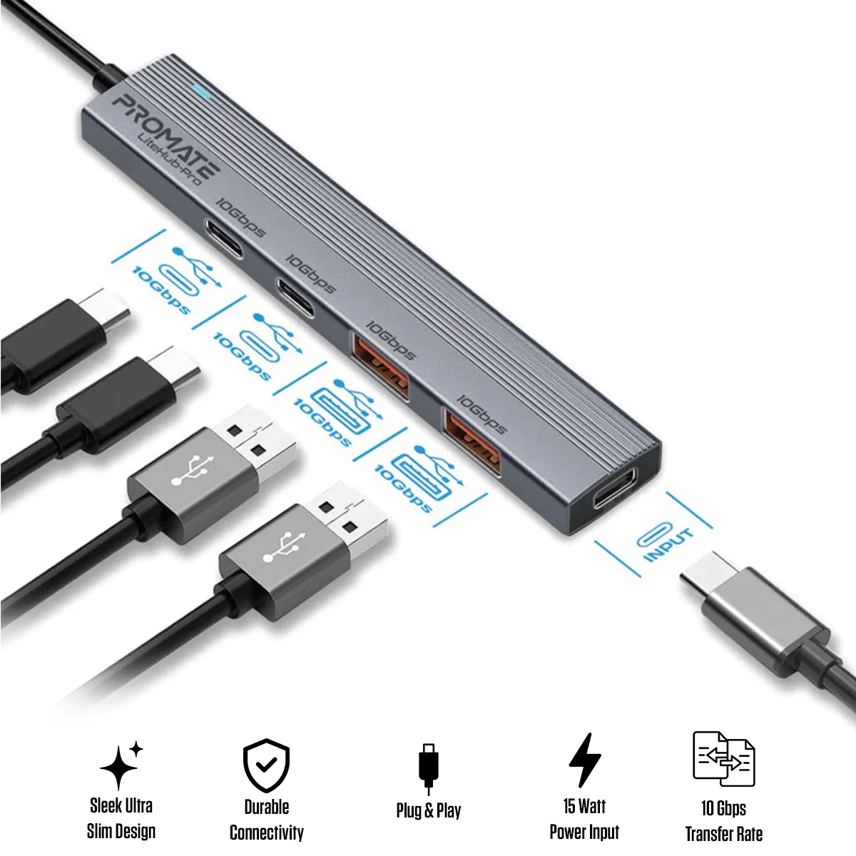 Promate LiteHub-Pro Hub 10Gbps 15W / 2x USB-A 3.2 / 2x USB-C 3.2 69