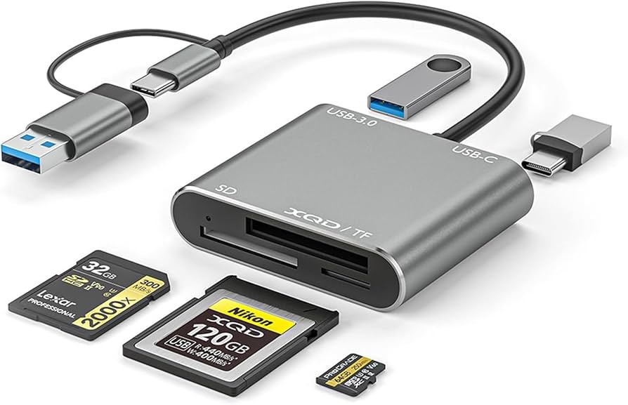XQD SD/TF Card Reader USB C(10Gbps),5 in 1 Dual-Slot Multiport External Card Reader USB Hub