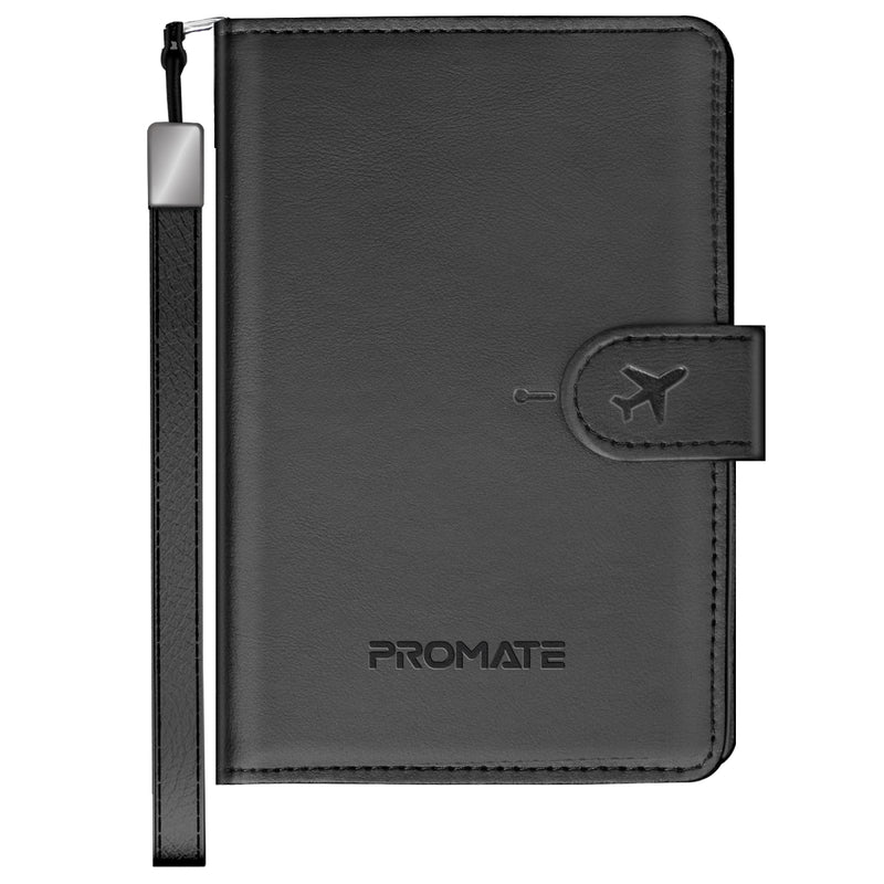 Promate PassMate Black Passport Holder — RFID, Find My, Bluetooth