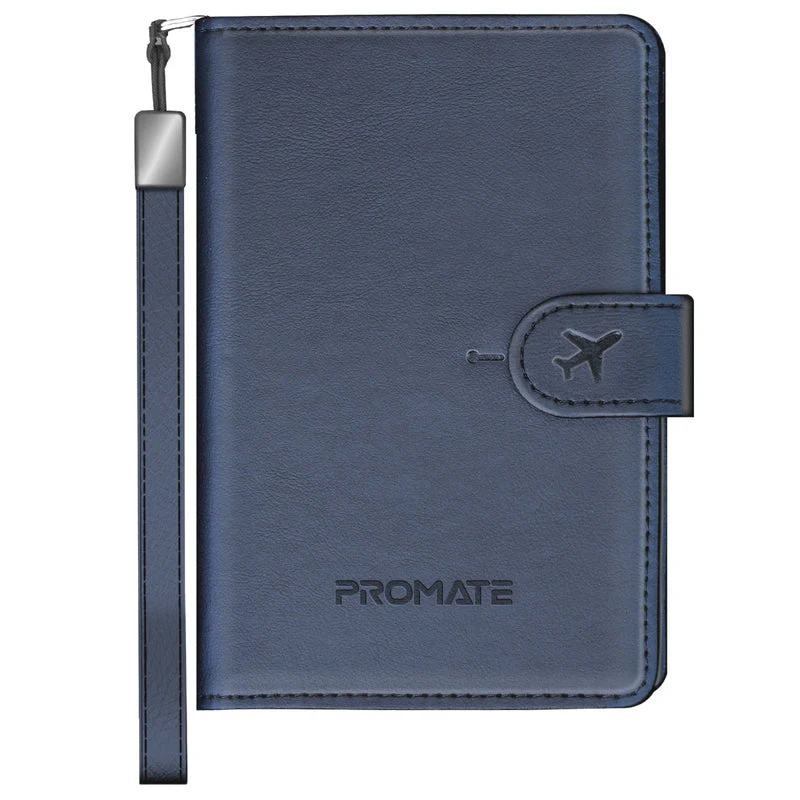 Promate PassMate Black Passport Holder — RFID, Find My, Bluetooth blue