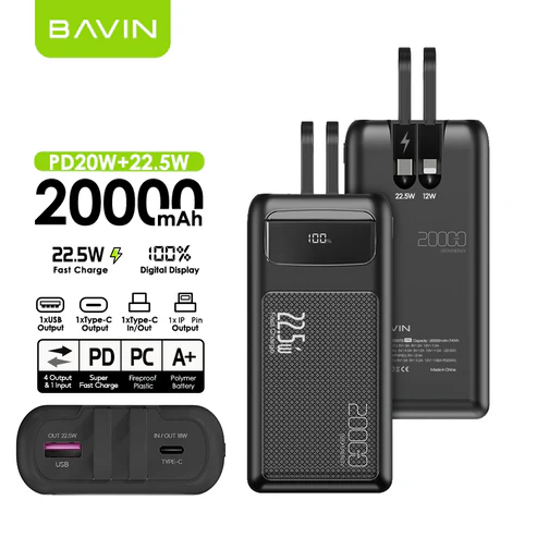 BAVIN PC008 10000mAh / PC007 20000mAh 22.5W Fast Charging Powerbank w/ Built-in Cable & LED Display