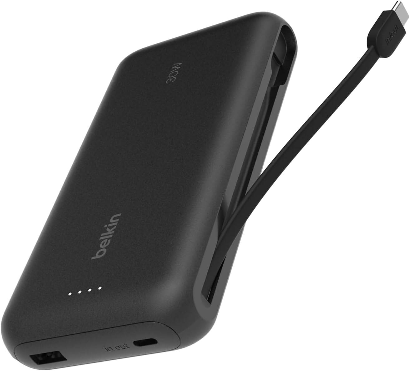 Belkin Portable Charger, Power Bank with Integrated Cable 20K PD 30W - Fast Charging USB-C Power Delivery, Portable Charger for iPhone 17 Series, iPad Pro, Galaxy S25 Series, and More - White