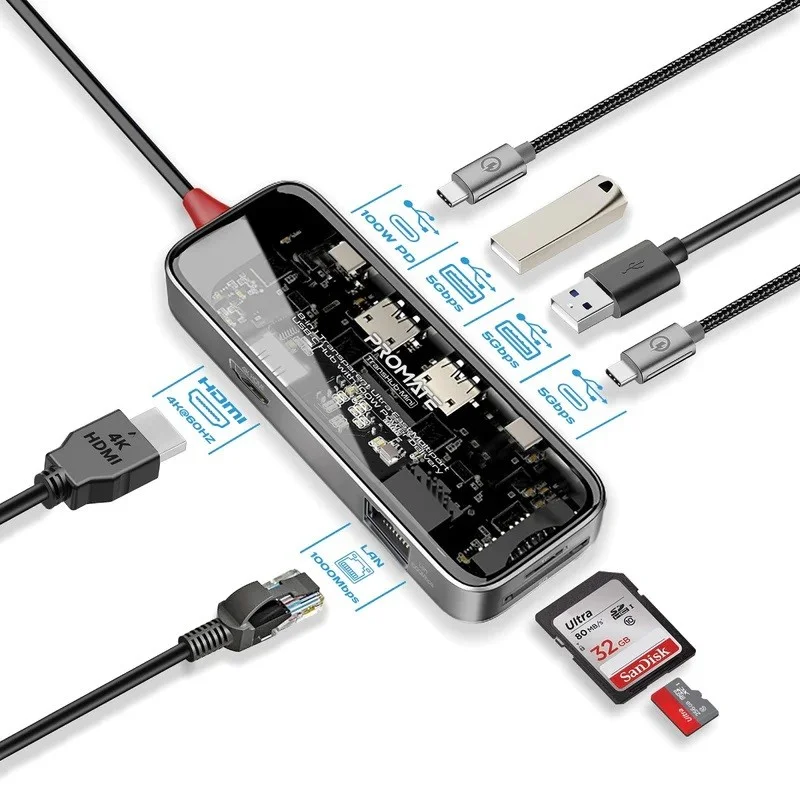 Promate, TRANSHUB-MINI, 8-in-1 Transparent Ultra-Fast Multiport USB-C Hub - Black